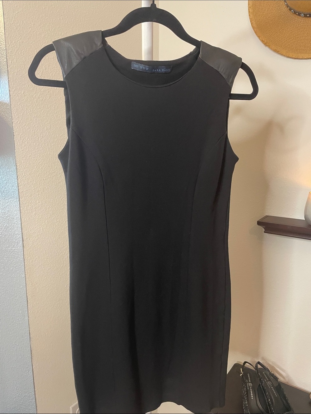 Zara Black Sleeveless Shift Dress with Faux-Leather Shoulders